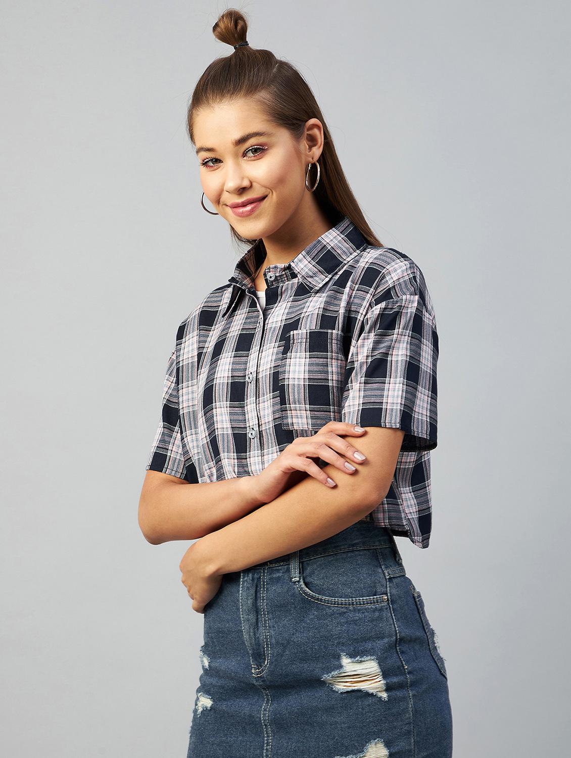 straight hem checkered crop shirt - 18426981 - Standard Image - 1