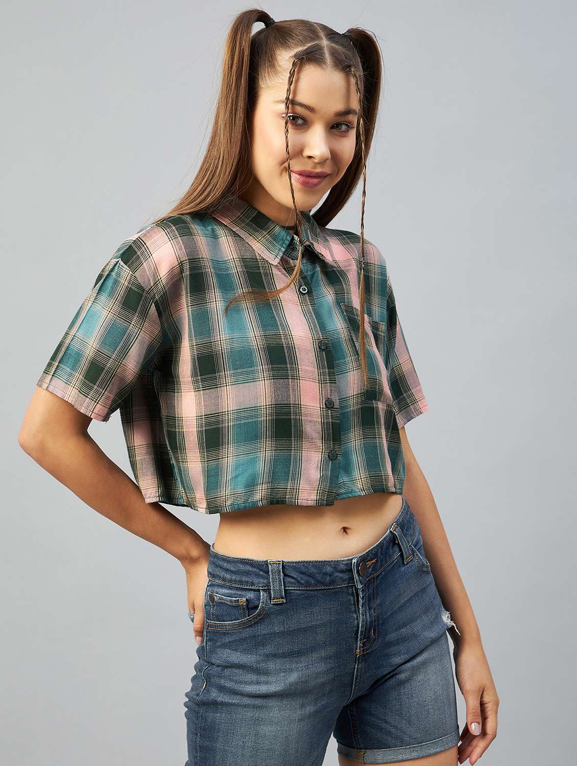 straight hem checkered crop shirt - 18426984 -  Zoom Image - 0