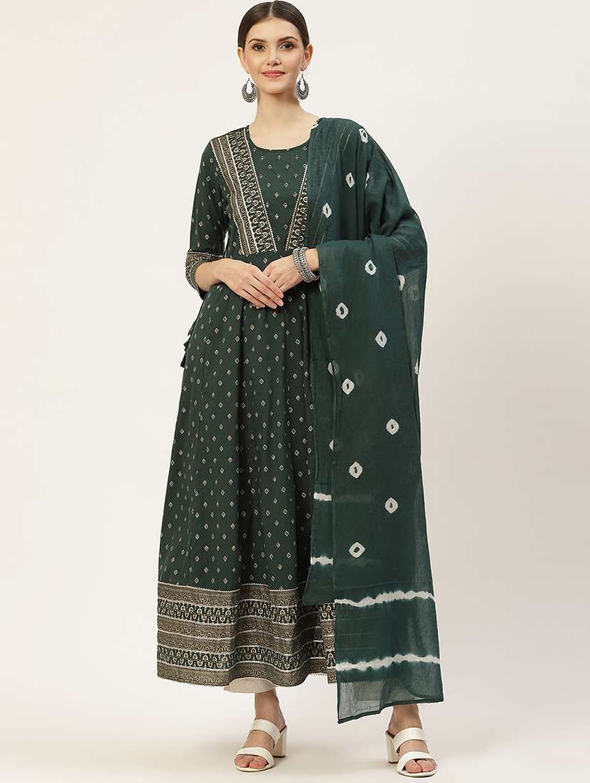green printed flared gown