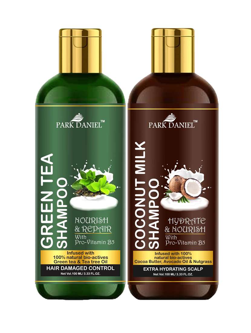 park daniel premium pure and natural green tea shampoo & coconut milk shampoo combo pack of 2 bottle of 100 ml(200 ml)