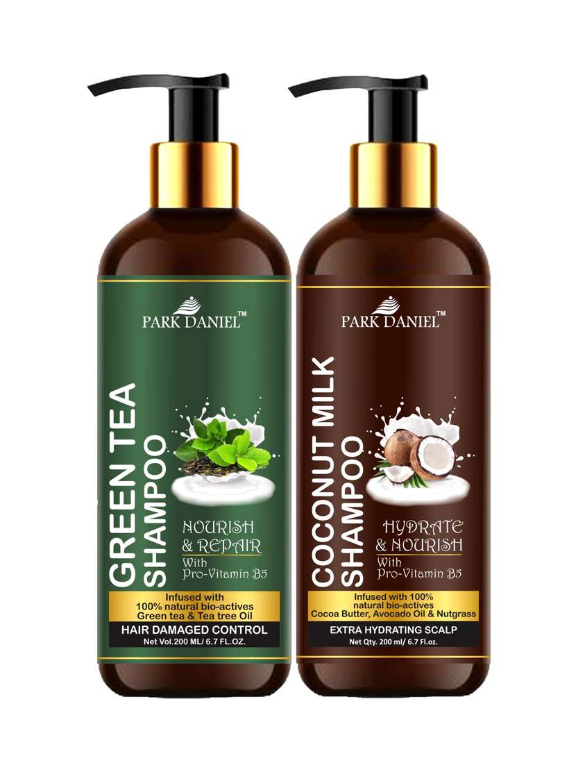 park daniel premium pure and natural green tea shampoo & coconut milk shampoo combo pack of 2 bottle of 200 ml(400 ml)