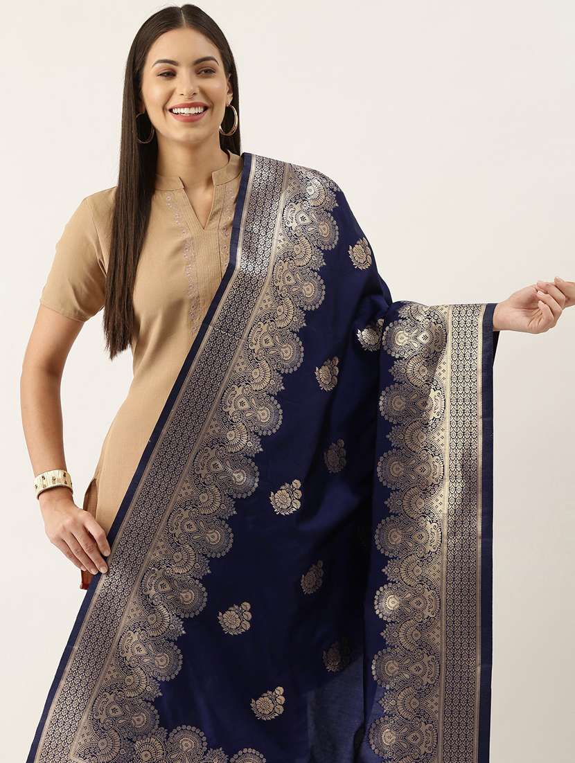 navy blue self designed banarasi dupatta - 18430482 -  Standard Image - 1
