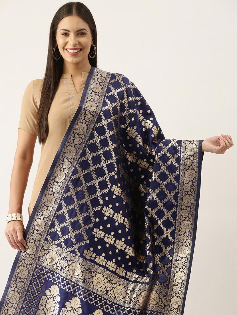 navy blue self design banarasi dupatta with fringes - 18430501 - Standard Image - 1
