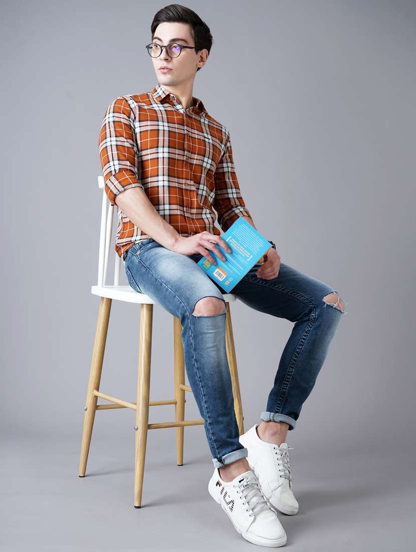 orange checkered casual shirt - 18430880 - Standard Image - 4