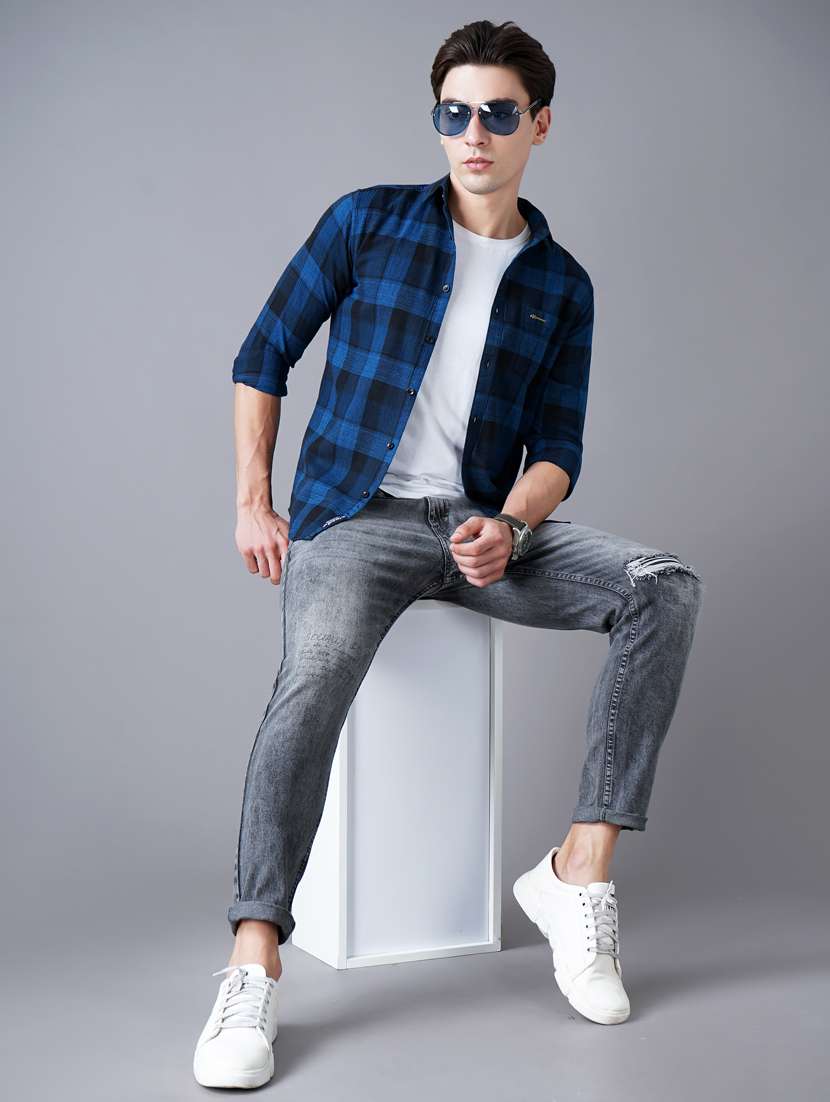 navy blue checkered casual shirt - 18430884 -  Standard Image - 4
