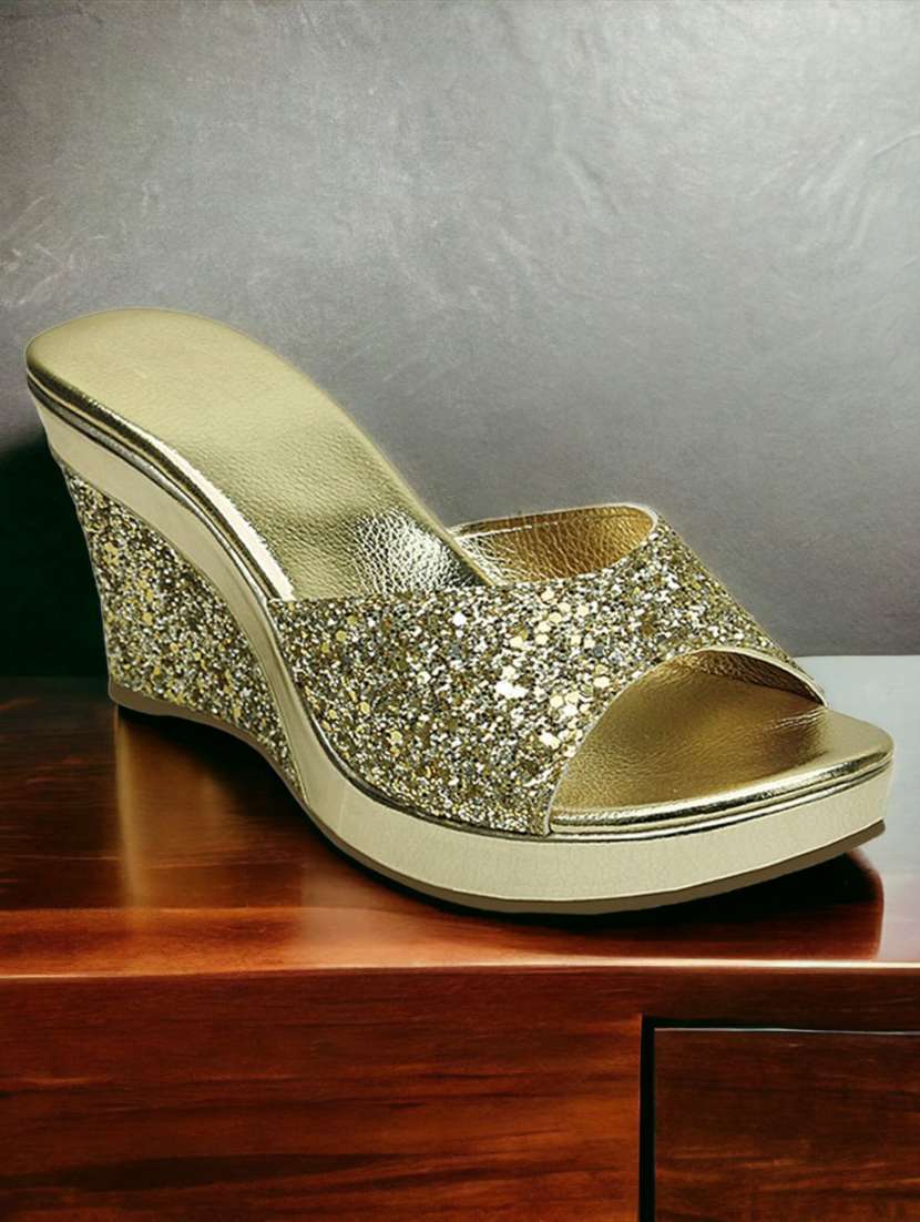 gold slip on embellished wedge sandal
