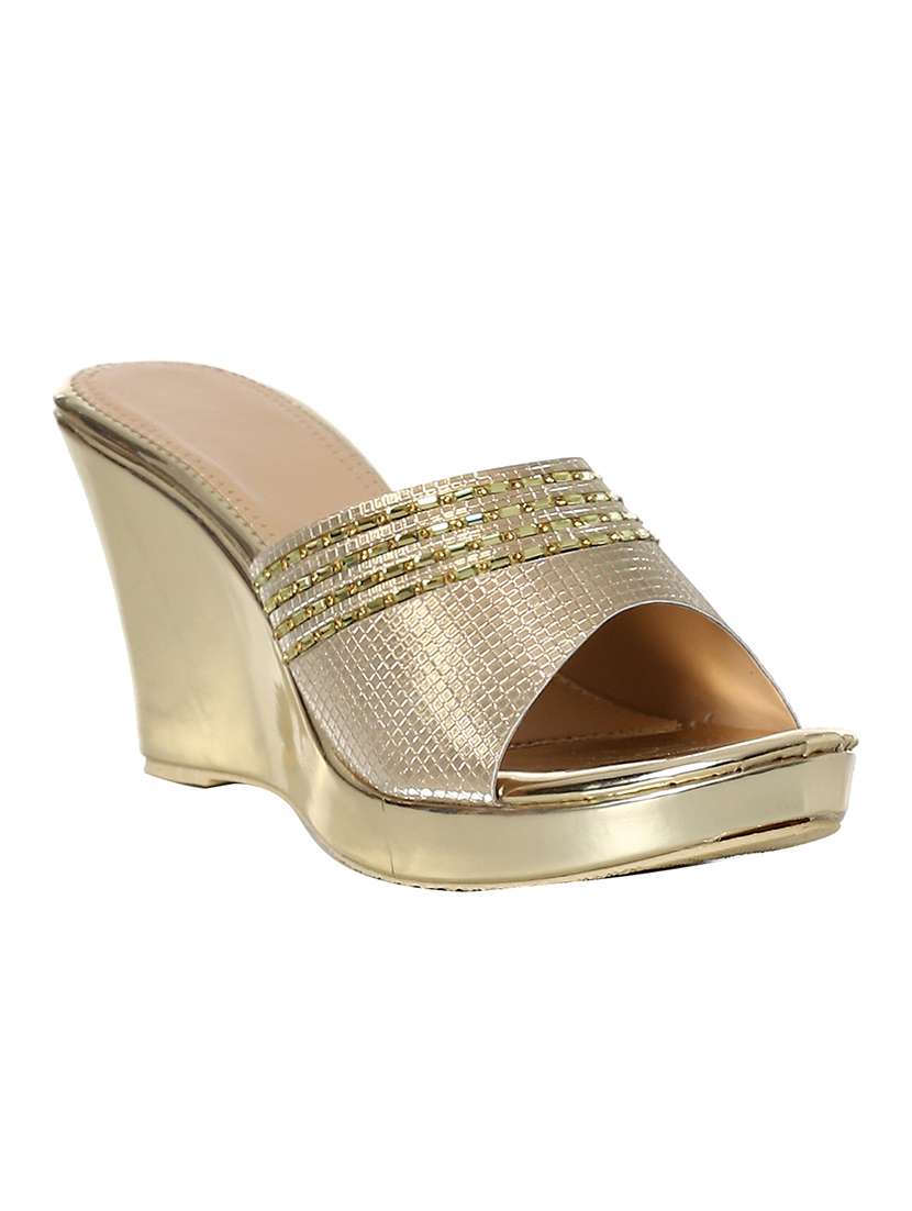 gold slip on embellished wedge sandal