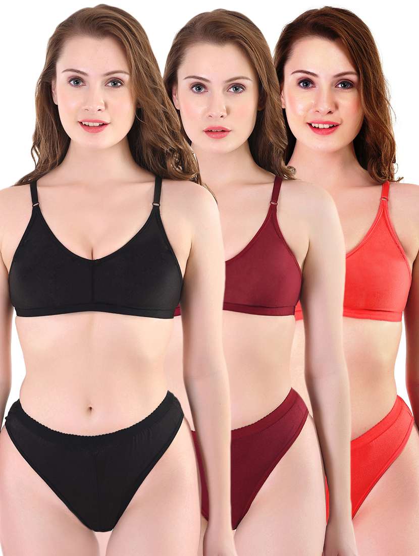 pack of 3 solid bra and panty set