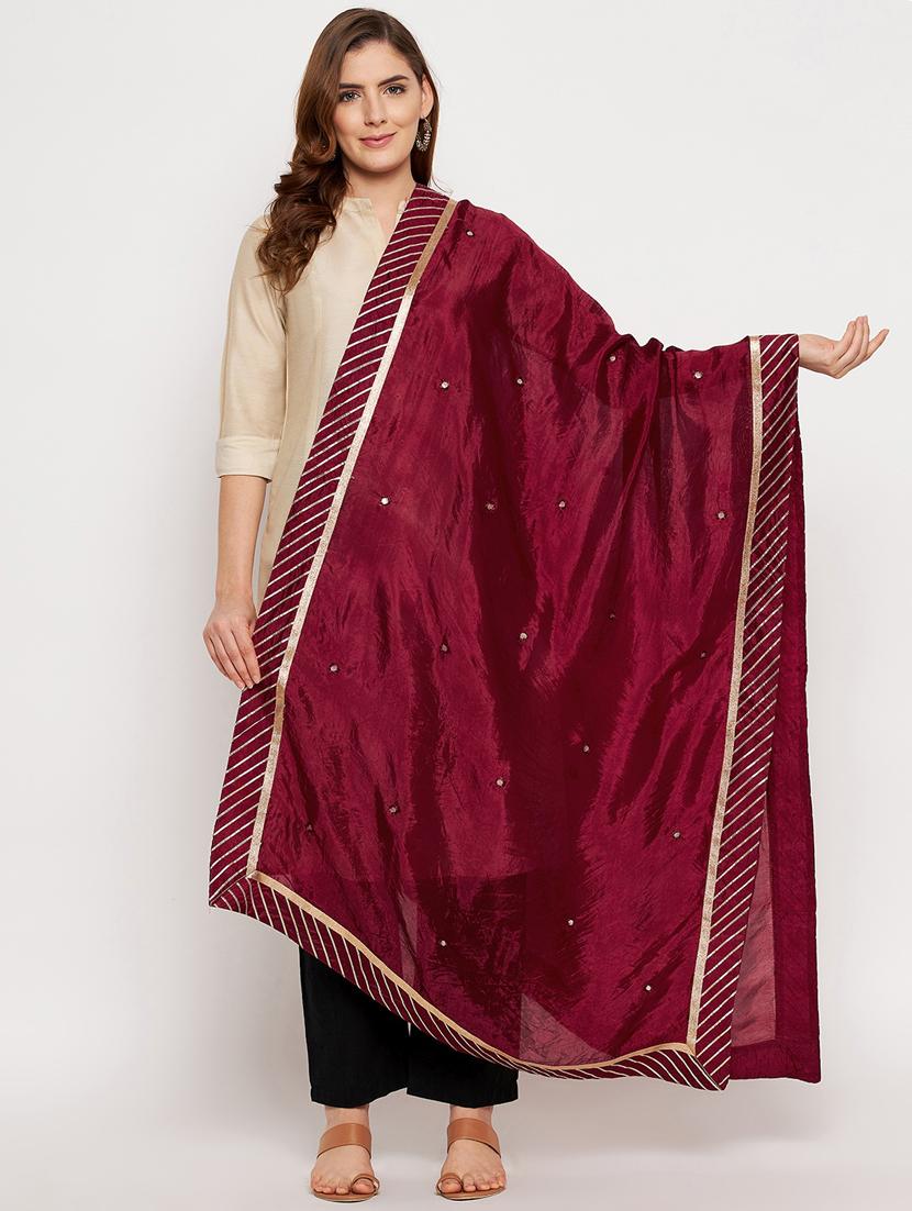 maroon self designed gota work dupatta - 18431150 - Zoom Image - 0