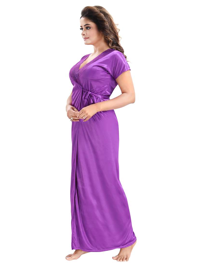 be you solid purple satin 6 piece nightwear set (1 robe, 1 nighty, 1 top, 1 patiyala, 1 lingerie set) for women - 18431357 -  Standard Image - 1