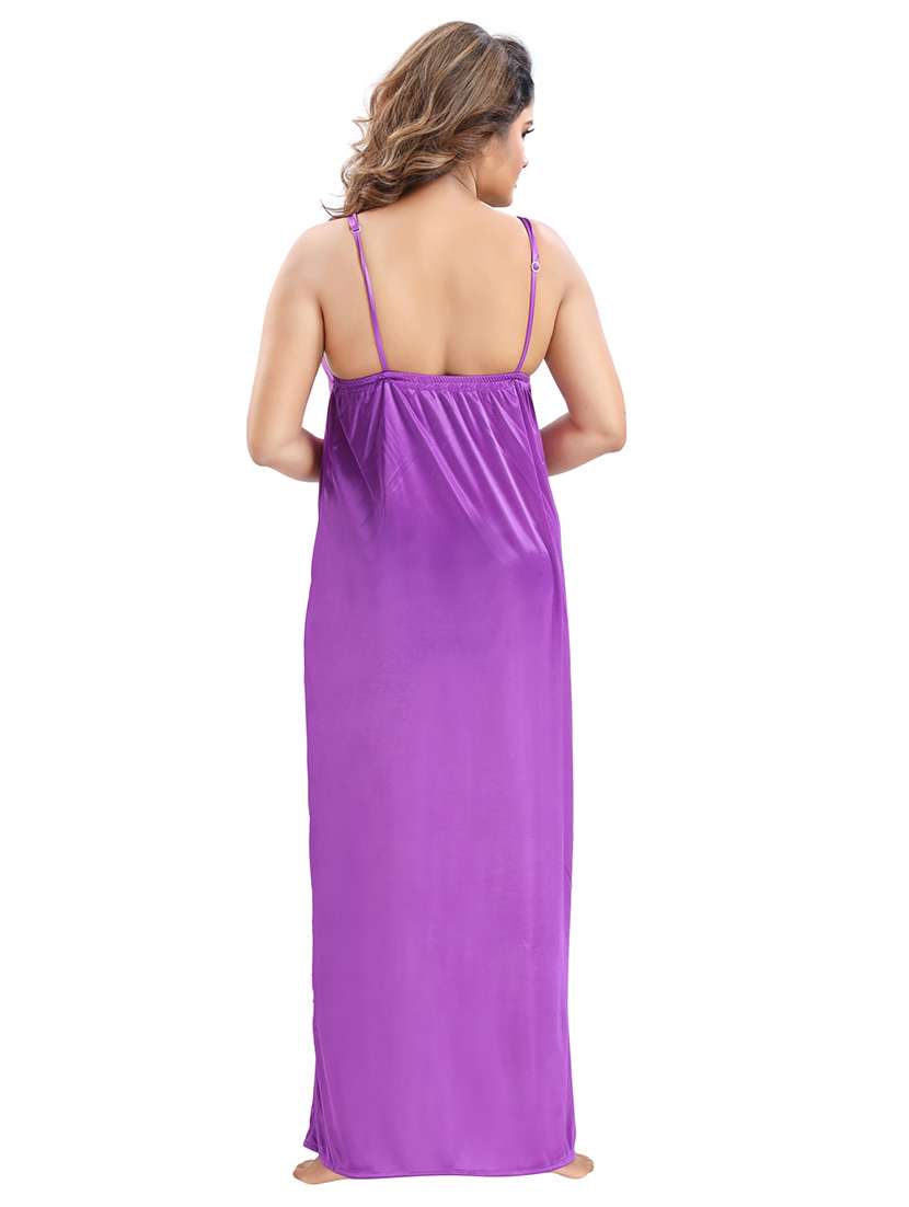 be you solid purple satin 6 piece nightwear set (1 robe, 1 nighty, 1 top, 1 patiyala, 1 lingerie set) for women - 18431357 -  Standard Image - 4