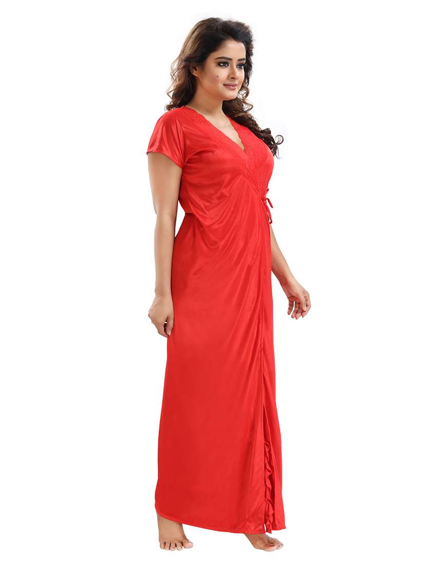 be you solid red satin 6 piece nightwear set (1 robe, 1 nighty, 1 top, 1 patiyala, 1 lingerie set) for women - 18431359 -  Standard Image - 1