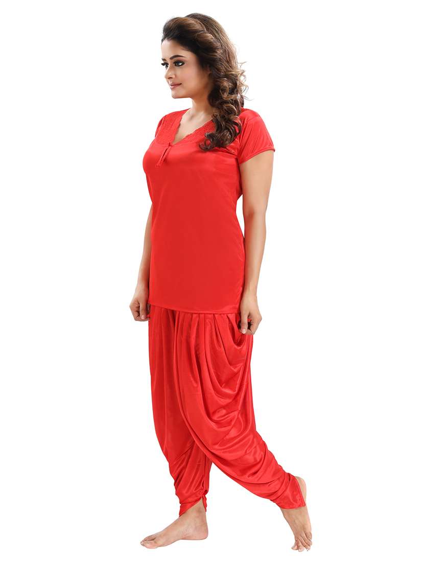be you solid red satin 6 piece nightwear set (1 robe, 1 nighty, 1 top, 1 patiyala, 1 lingerie set) for women - 18431359 -  Standard Image - 4