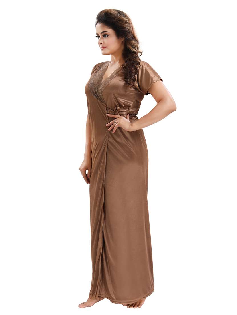 be you solid brown satin 6 piece nightwear set (1 robe, 1 nighty, 1 top, 1 patiyala, 1 lingerie set) for women - 18431362 -  Standard Image - 1