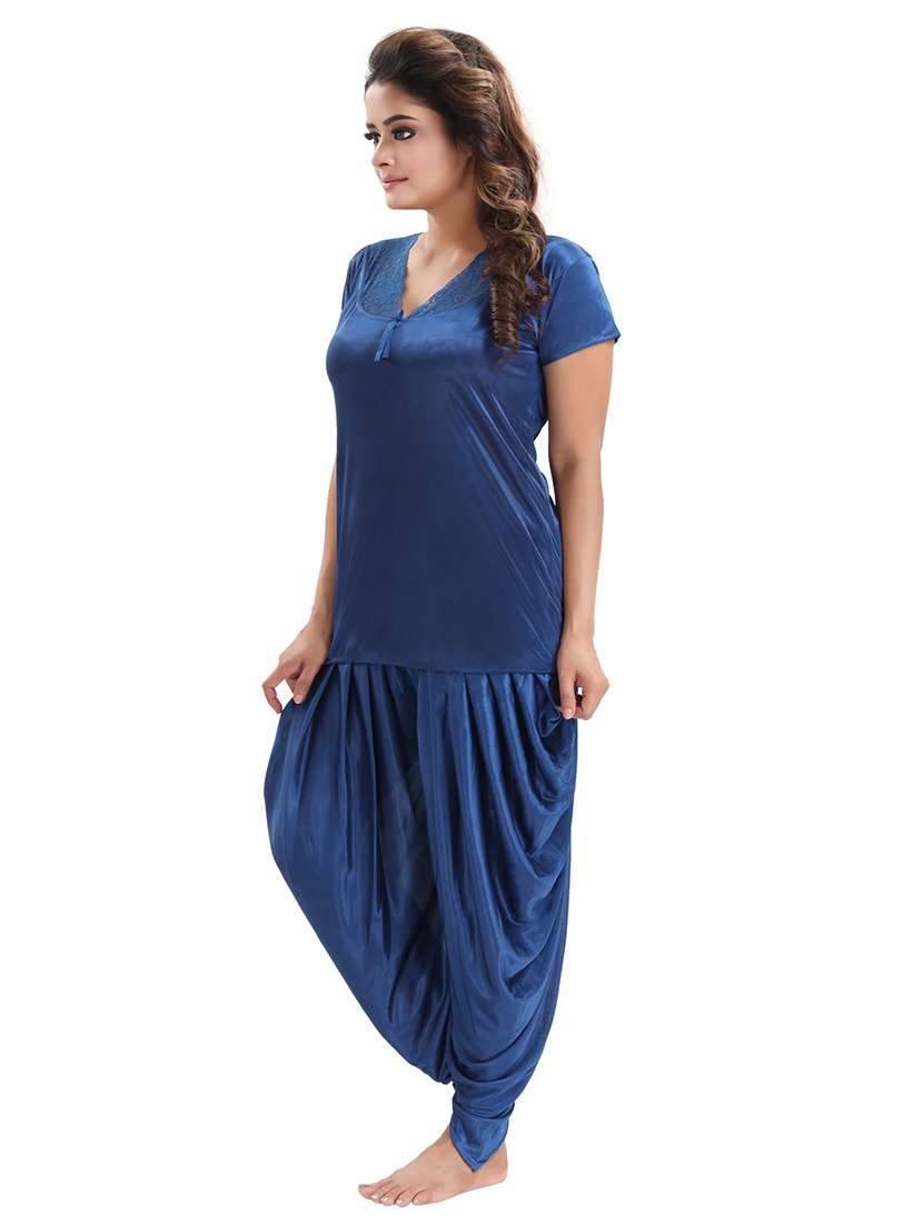 be you solid blue satin 6 piece nightwear set (1 robe, 1 nighty, 1 top, 1 patiyala, 1 lingerie set) for women - 18431363 -  Standard Image - 1