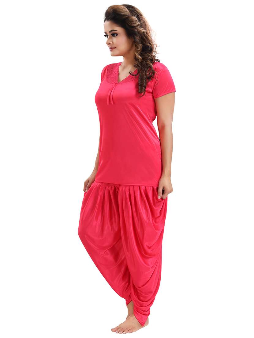 be you solid hot pink satin 6 piece nightwear set (1 robe, 1 nighty, 1 top, 1 patiyala, 1 lingerie set) for women - 18431365 -  Standard Image - 1
