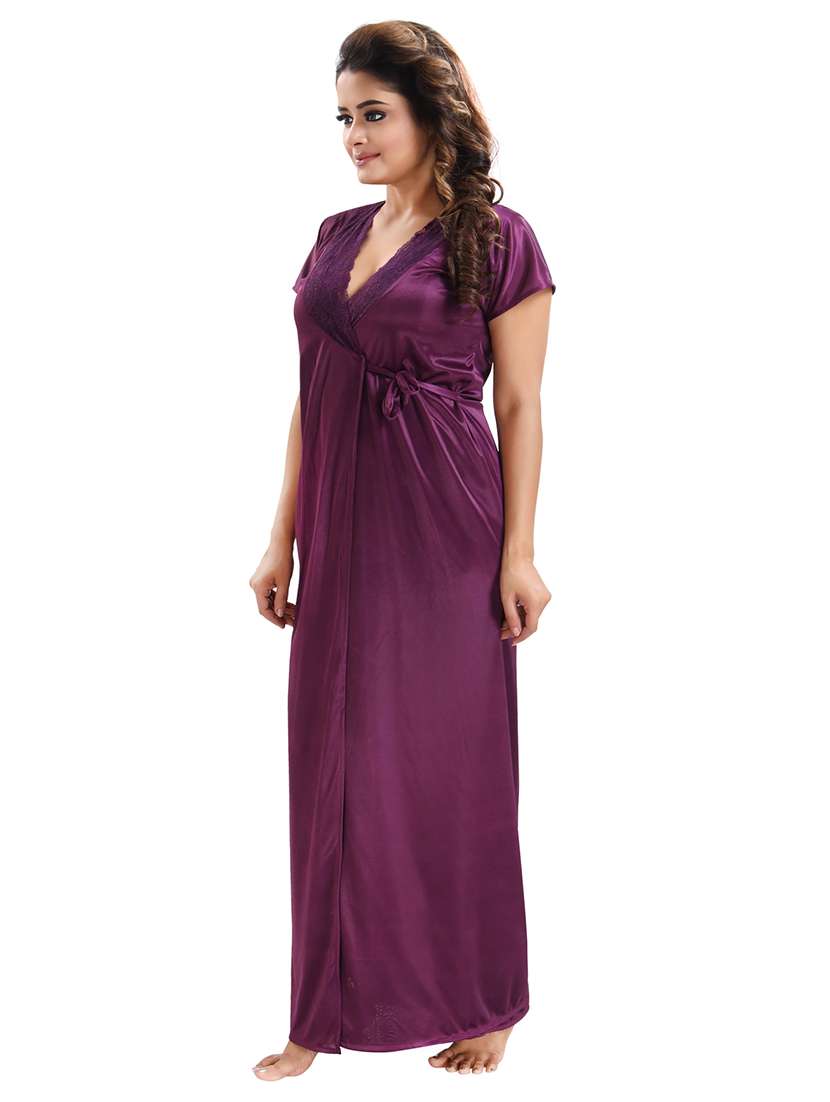 be you solid purple satin 6 piece nightwear set (1 robe, 1 nighty, 1 top, 1 patiyala, 1 lingerie set) for women - 18431366 -  Standard Image - 1