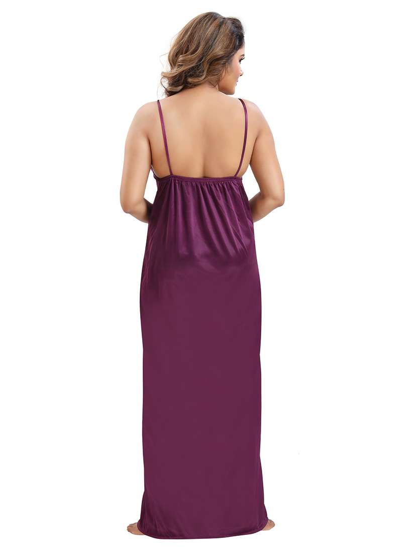 be you solid purple satin 6 piece nightwear set (1 robe, 1 nighty, 1 top, 1 patiyala, 1 lingerie set) for women - 18431366 -  Standard Image - 4