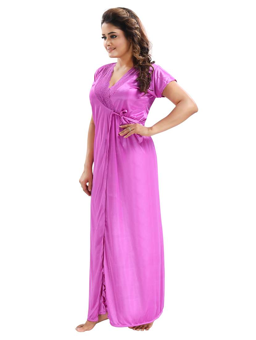 be you solid lavender satin 6 piece nightwear set (1 robe, 1 nighty, 1 top, 1 patiyala, 1 lingerie set) for women - 18431367 -  Standard Image - 1