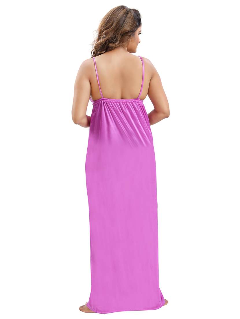 be you solid lavender satin 6 piece nightwear set (1 robe, 1 nighty, 1 top, 1 patiyala, 1 lingerie set) for women - 18431367 - Standard Image - 4