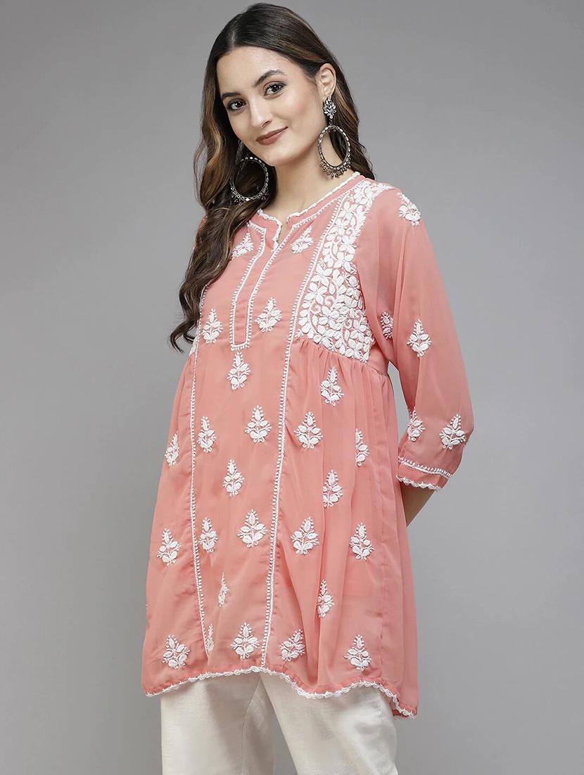 ada hand embroidered peach georgette lucknow chikankari kurti with slip - 18431617 - Standard Image - 1