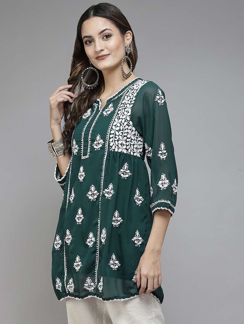 ada hand embroidered dark green georgette lucknowi chikankari kurti with slip - 18431619 -  Standard Image - 1