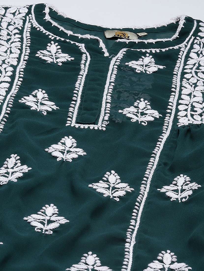 ada hand embroidered dark green georgette lucknowi chikankari kurti with slip - 18431619 - Standard Image - 4