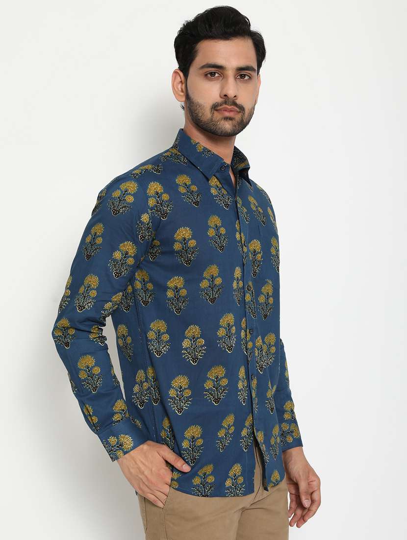navy-blue printed casual shirt