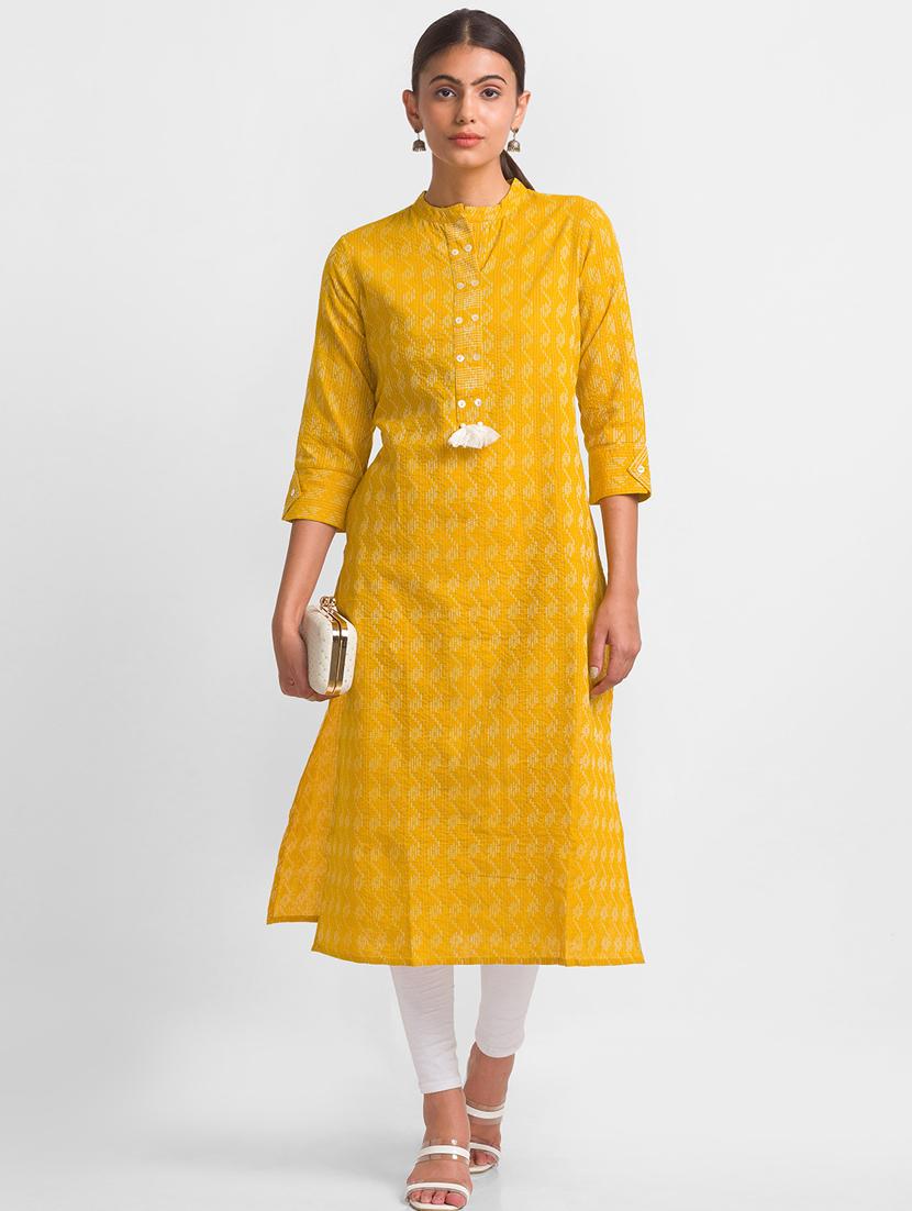 globus women yellow geometric thread work straight calf length kurta - 18431898 - Zoom Image - 0