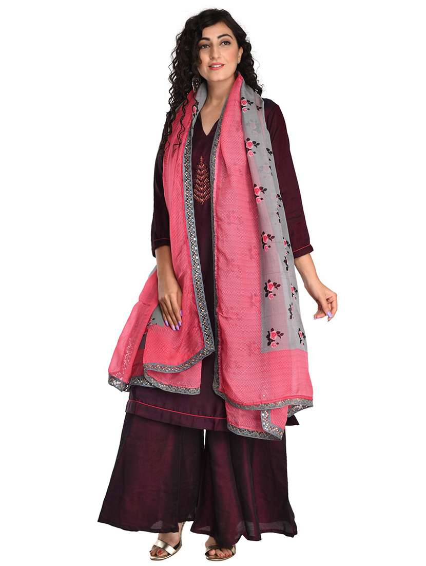 grey & pink floral print lace detailed dupatta