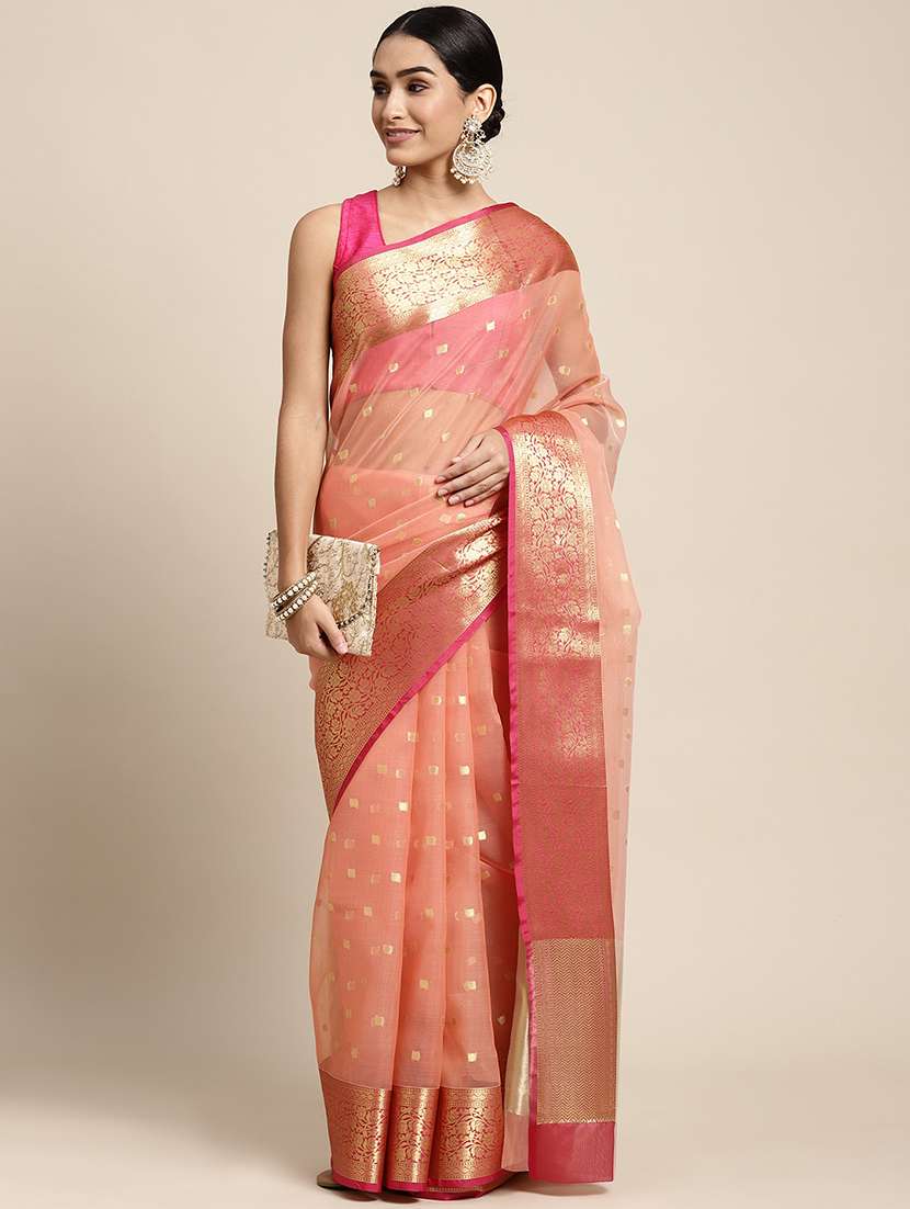 golden zari work woven saree with blouse