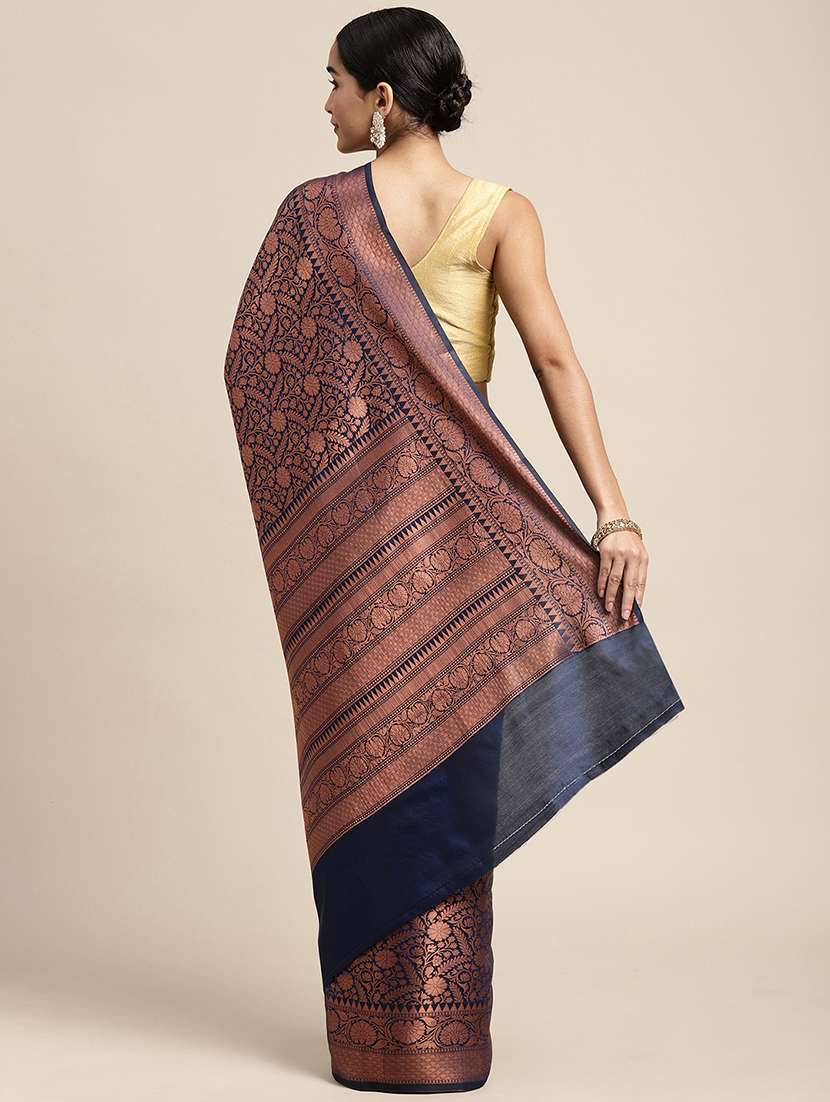 navy blue zari work woven saree with blouse - 18436710 -  Standard Image - 1