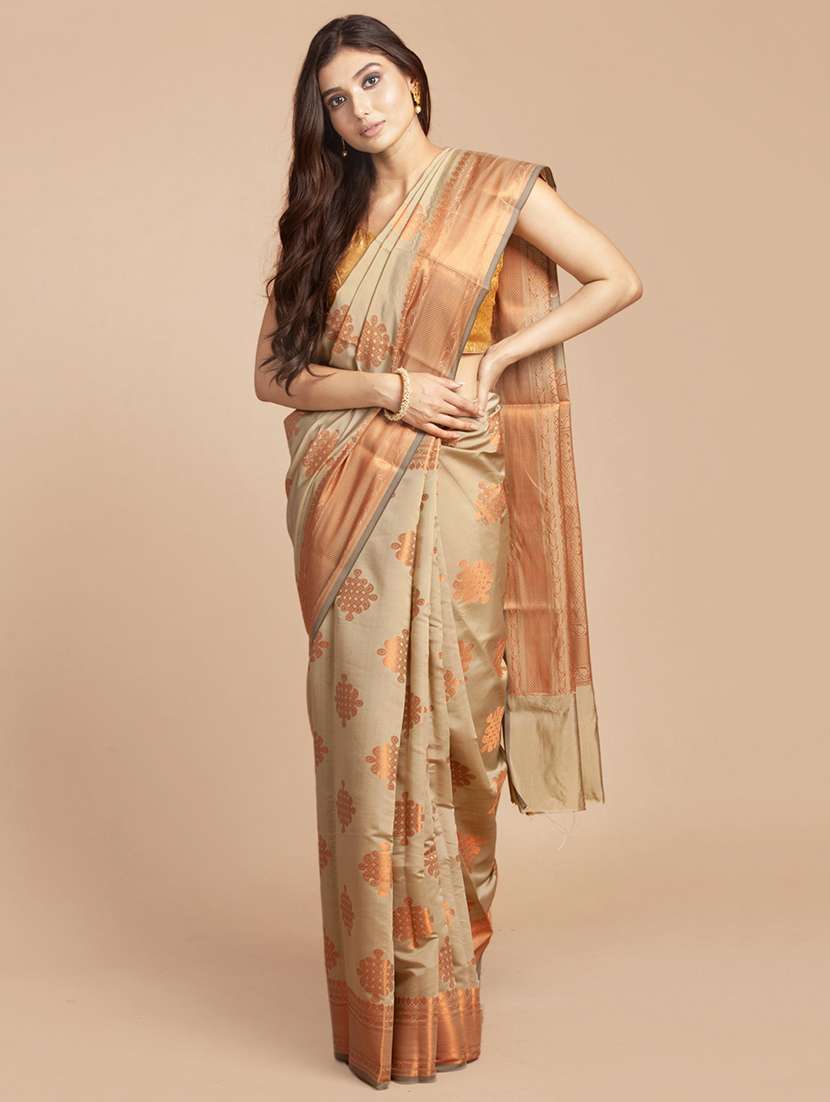 golden zari work woven saree with blouse