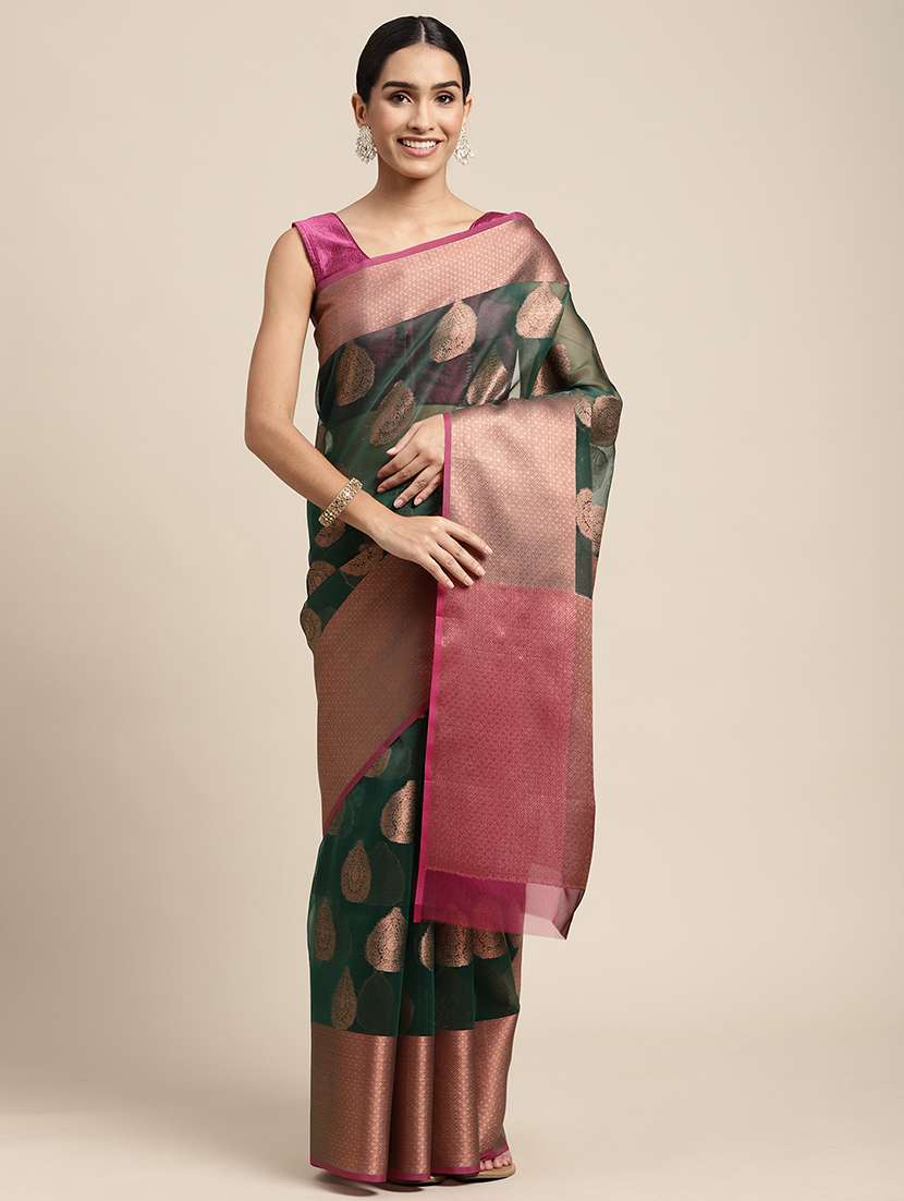 women's self design dark green colored saree with blouse
