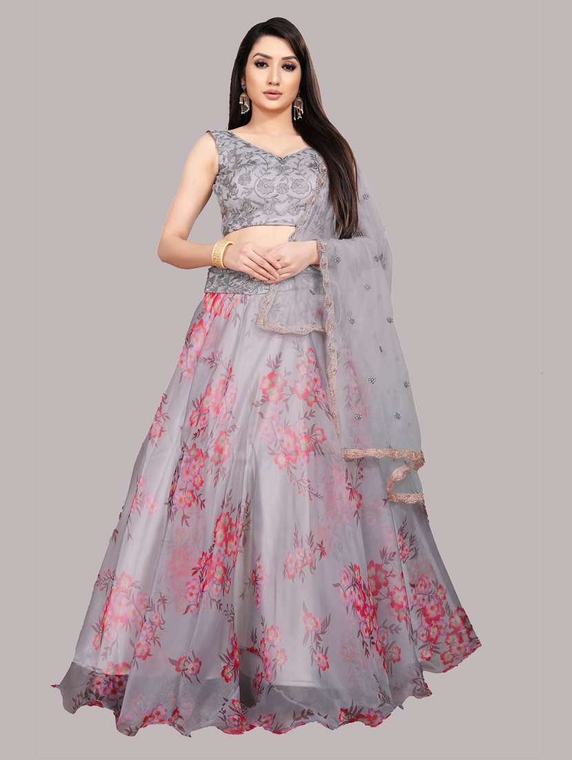 grey floral flared lehenga