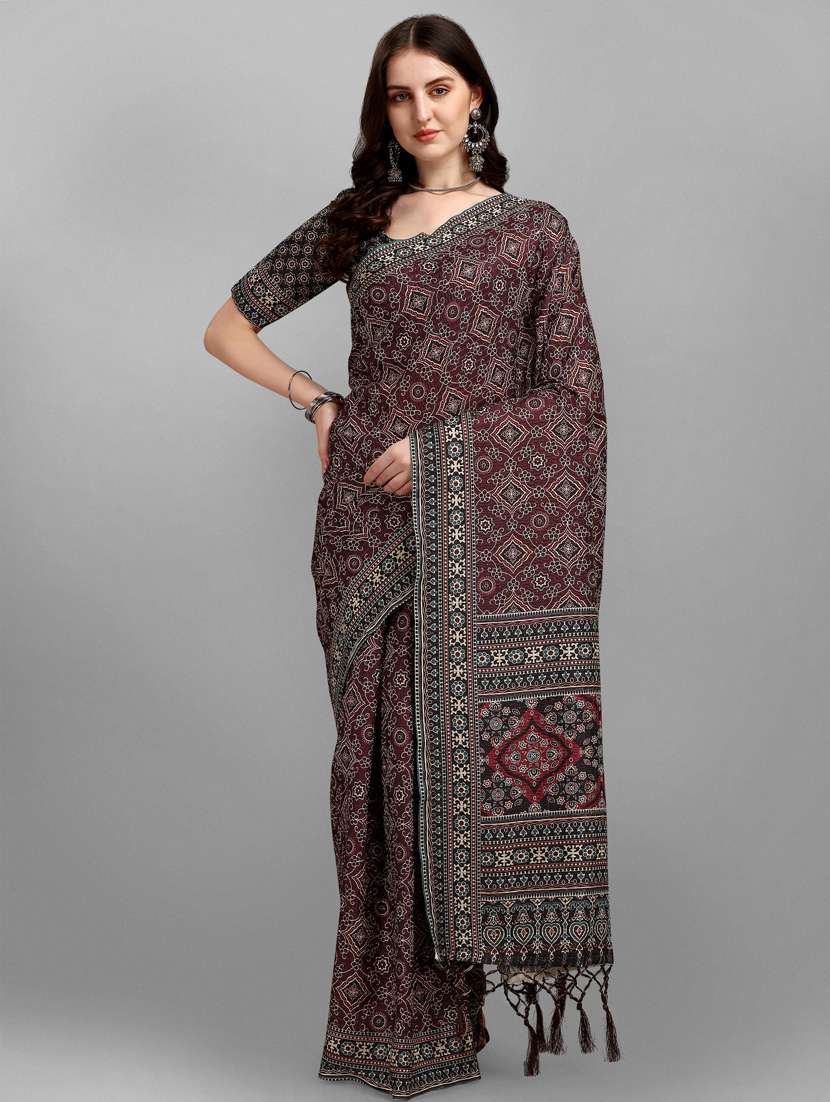 brown silk printed saree with blouse