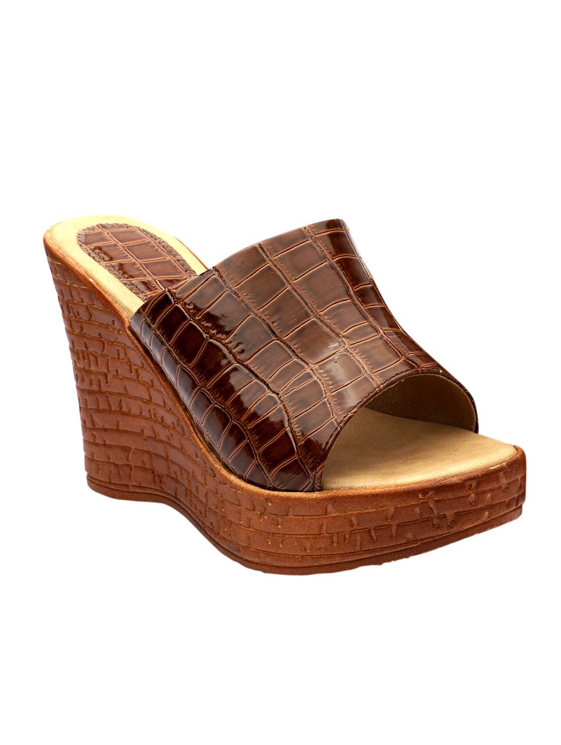 women tan slip on textured wedge sandal