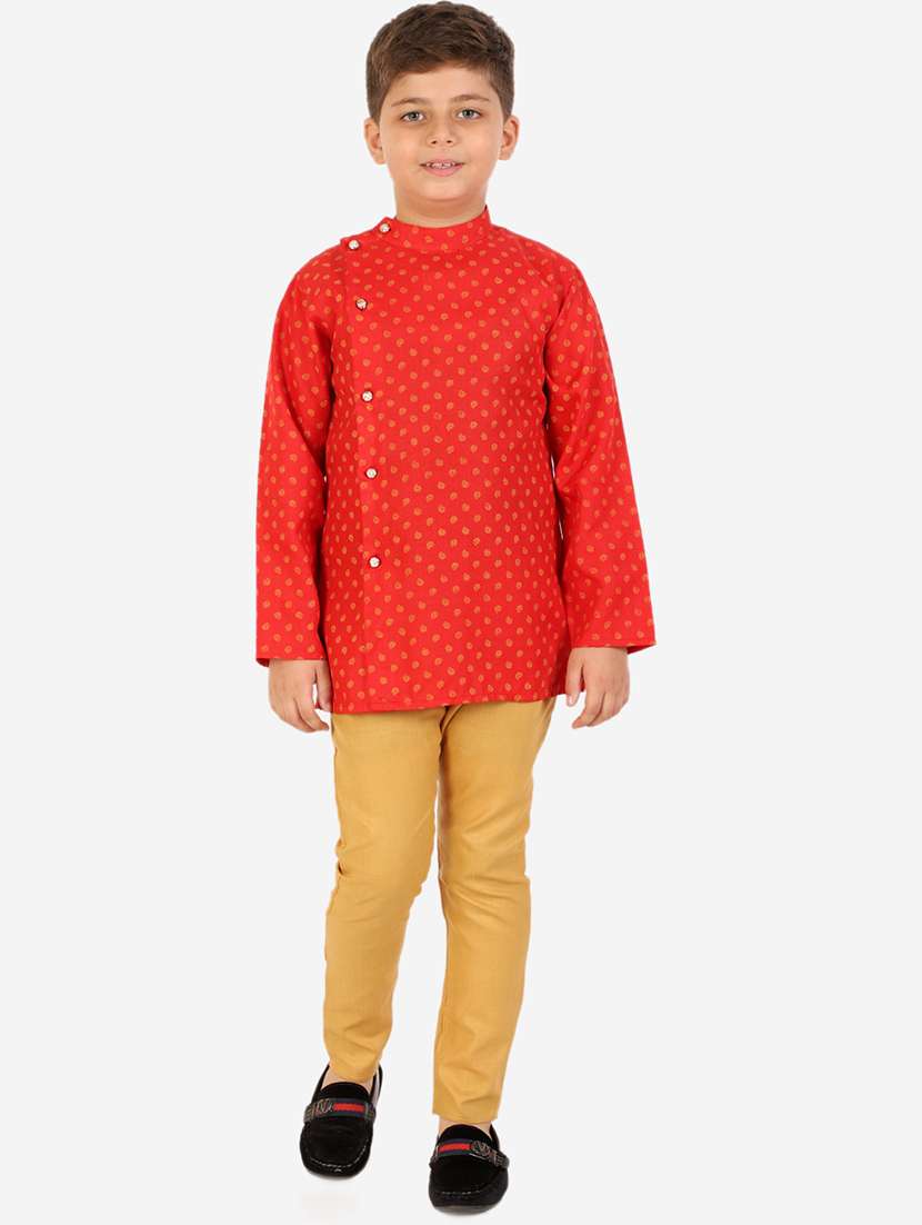 boys red paisley printed kurta pajama set 