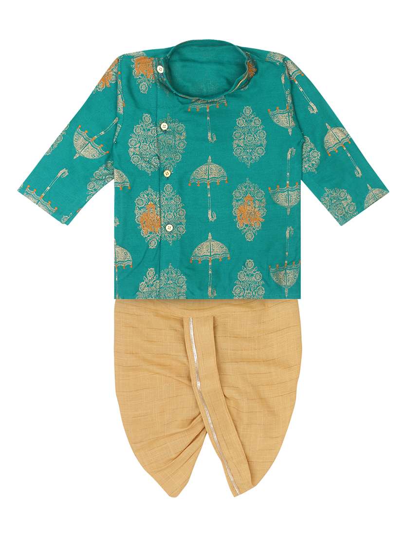 boys teal green block printed dhoti kurta set 