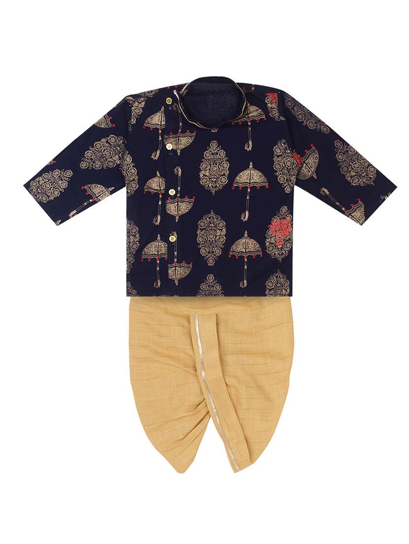boys navy blue block printed dhoti kurta set 