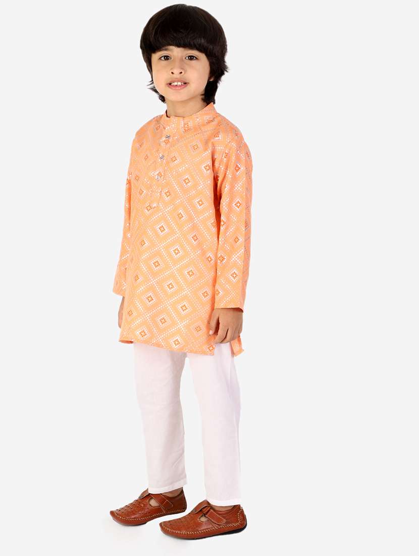 boys peach printed kurta pajama set  - 18438511 -  Standard Image - 1