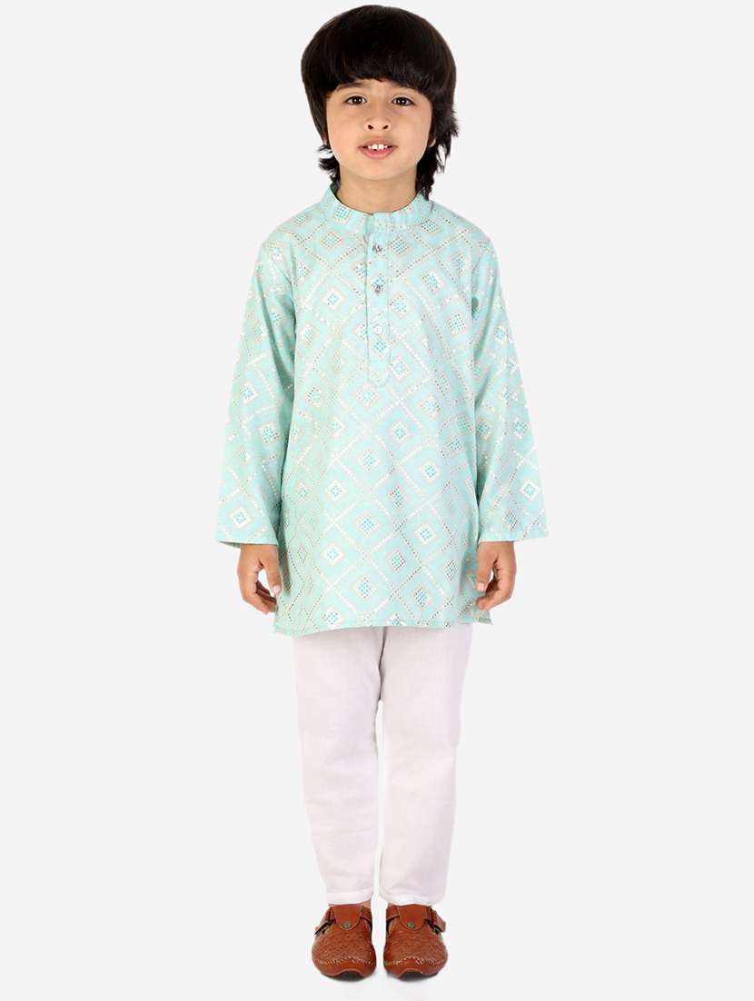 boys turquoise blue printed kurta pajama set 