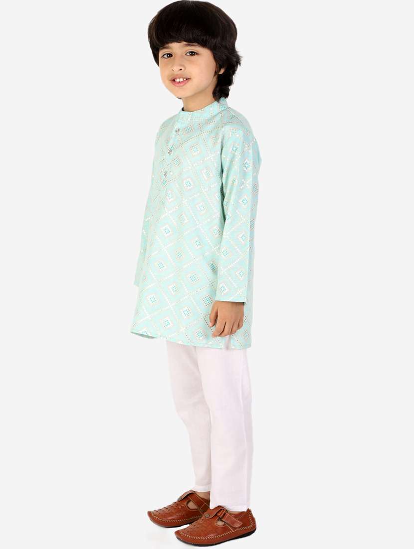 boys turquoise blue printed kurta pajama set  - 18438513 -  Standard Image - 1