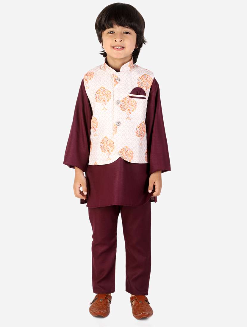 boys burgundy kurta pajama with printed nehru jacket
