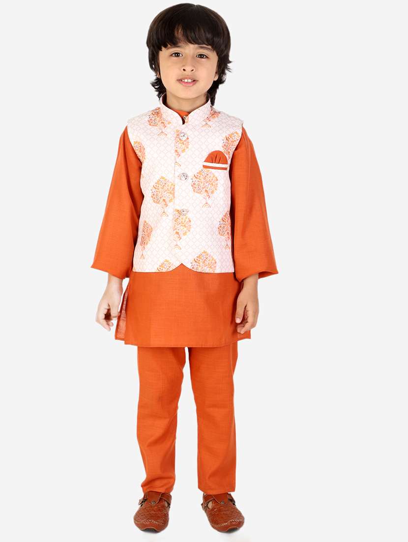 boys orange kurta pajama with printed nehru jacket