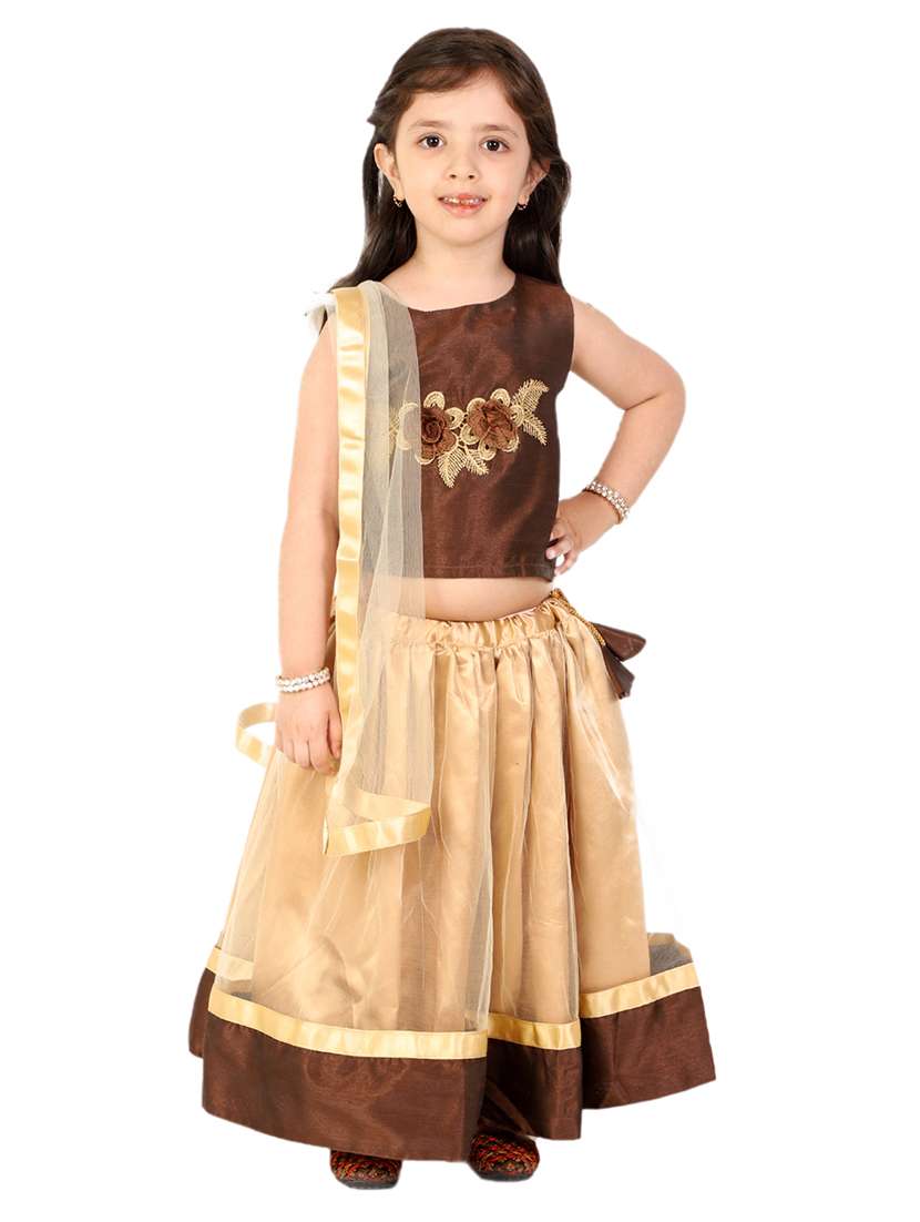 girls brown applique work lehnga choli set 