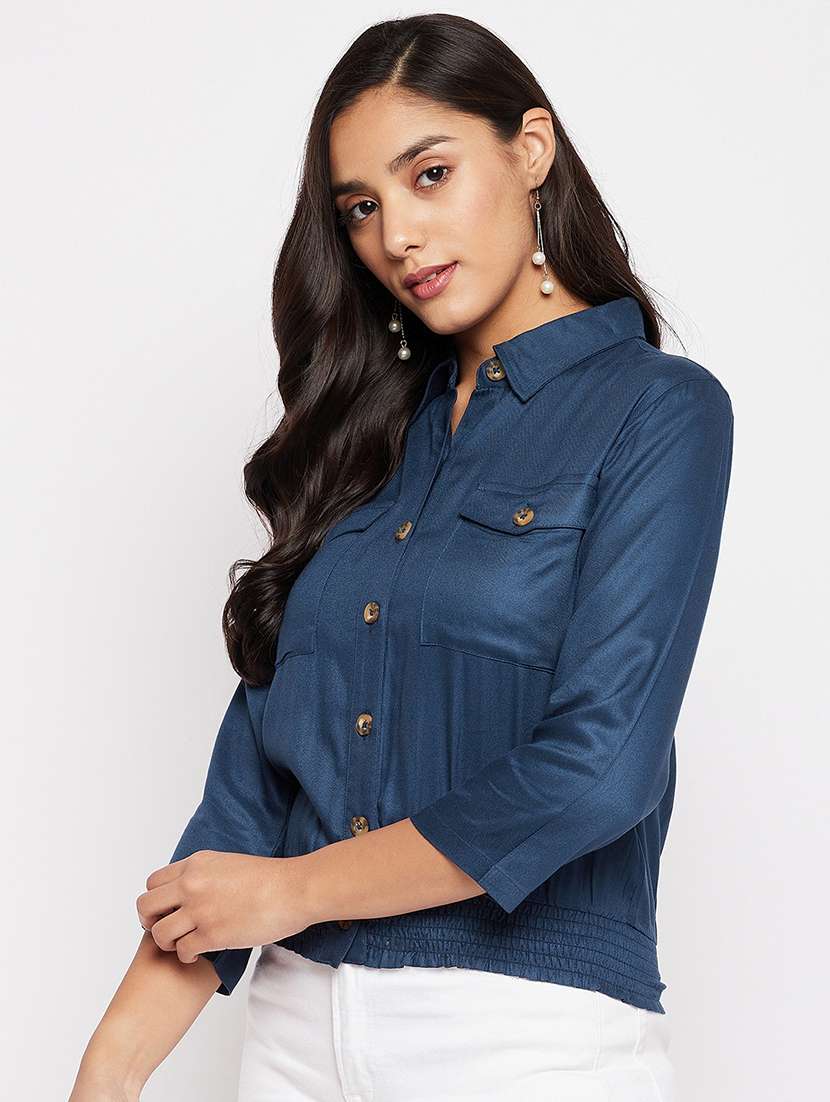 women solid collared short shirt - 18438583 - Standard Image - 1