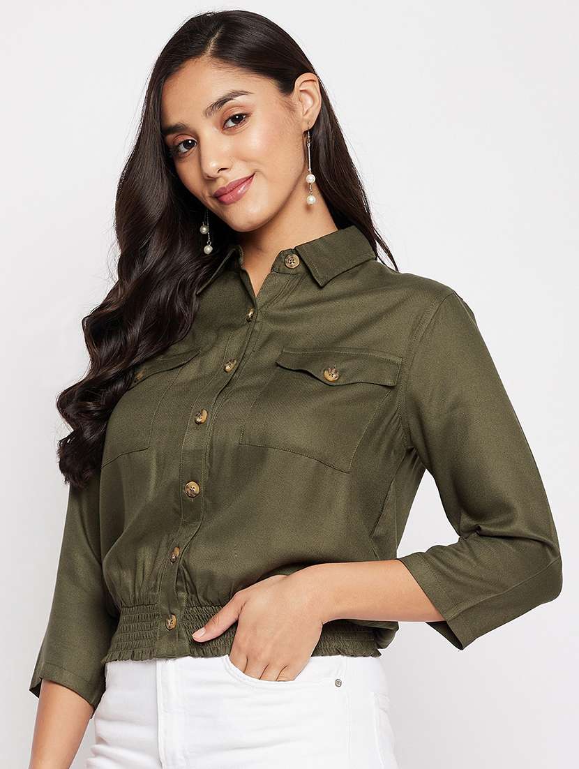 women solid collared short shirt - 18438584 -  Standard Image - 1