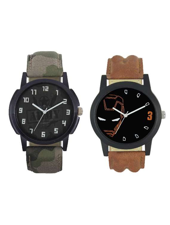 brown and army color men's analog watch pack of -2