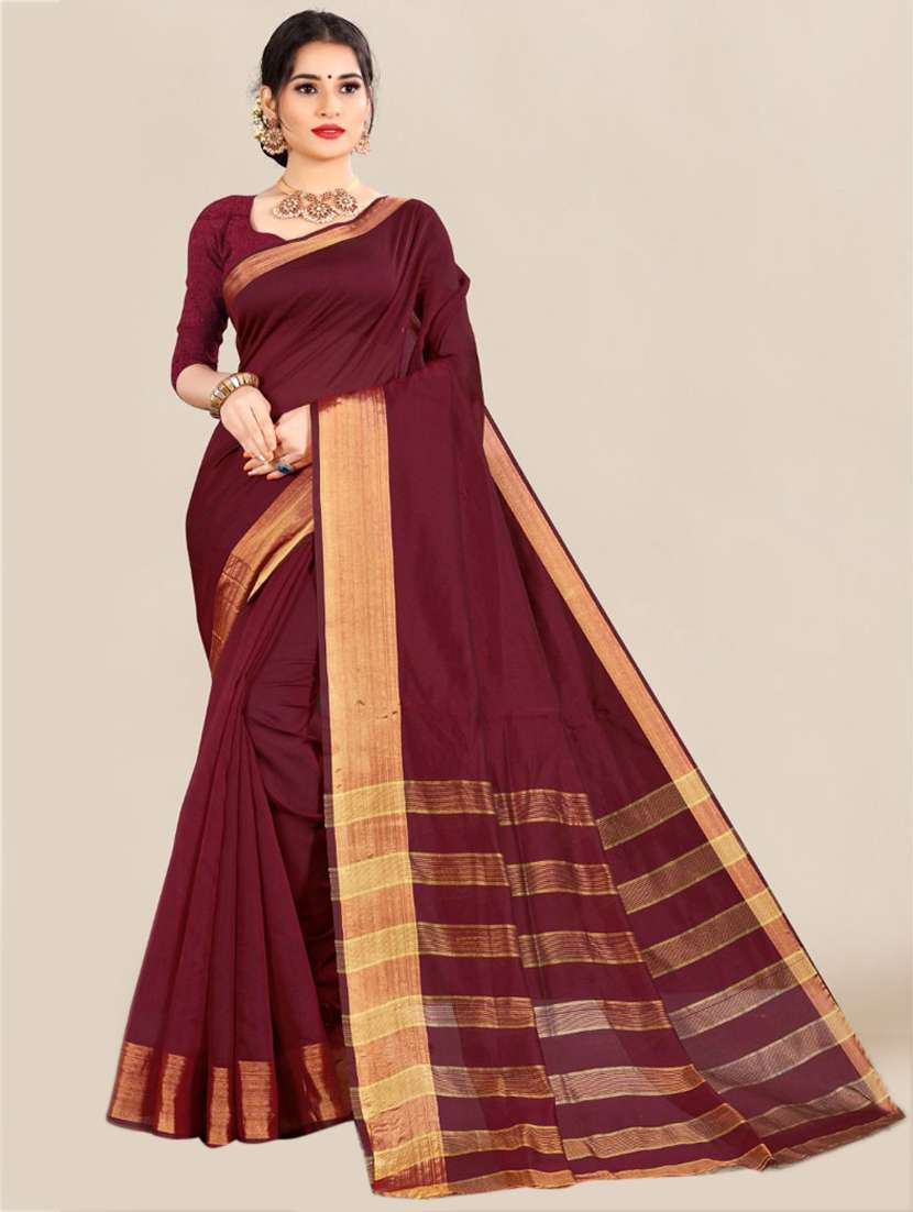 women's bordered maroon colored saree with blouse